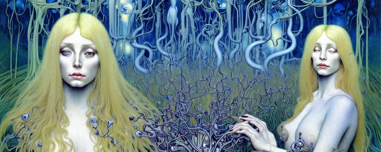 Image similar to realistic detailed portrait painting of a beautiful ghost woman with blond hair with an alien, futuristic sci-fi forest on background by Jean Delville, Amano, Yves Tanguy, Alphonse Mucha, Ernst Haeckel, Edward Robert Hughes, Roger Dean, rich moody colours, blue eyes