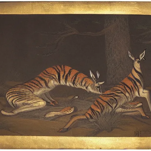 Image similar to a painting of deer and tiger facing each other, their heads bowed towards ground by koson ohara