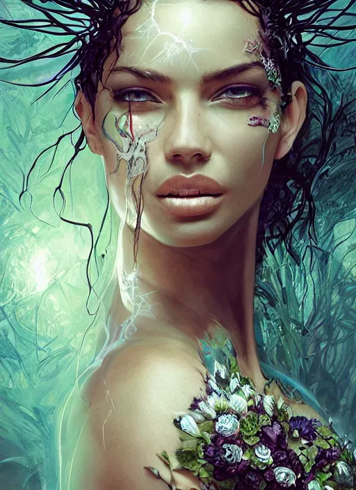 Image similar to portrait of Adriana Lima as a everreaching Goddess of despair, a futuristic diety, inside future fighter, sci-fi, fantasy, intricate, lush garden spaceship with sakura season flowers, elegant, human anatomy, royal green and nature light, highly detailed, digital painting, artstation, concept art, smooth, sharp focus, illustration, art by tian zi and WLOP and alphonse mucha, masterpiece, 3d blender