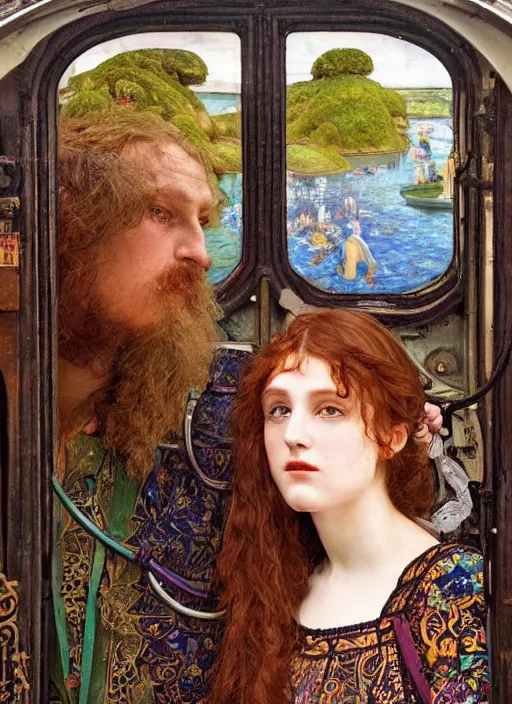 Image similar to detailed colourful masterpiece of intricate preraphaelite art nouveau photography couple portrait sat down extreme closeup, love, inside an underwater train, detailed realistic expressions, wearing unusual clothes, by ford madox brown and frederic leighton and john william waterhouse and william morris, ultra wide angle