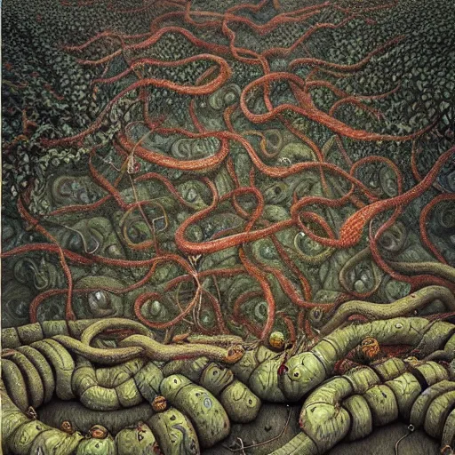 Prompt: a hyperrealistic painting of a psychedelic nightmare landscape, worms, bees, vines, by anton semenov and santiago caruso, highly detailed, vivid color,