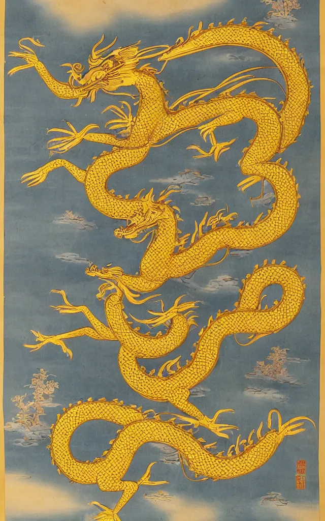 Image similar to a chinoiserie poster depicting a golden dragon