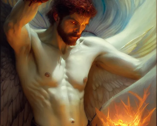 Prompt: attractive demonic male deity, casting magic, summoning handsome lucifer morning star. highly detailed painting by gaston bussiere, craig mullins, j. c. leyendecker 8 k