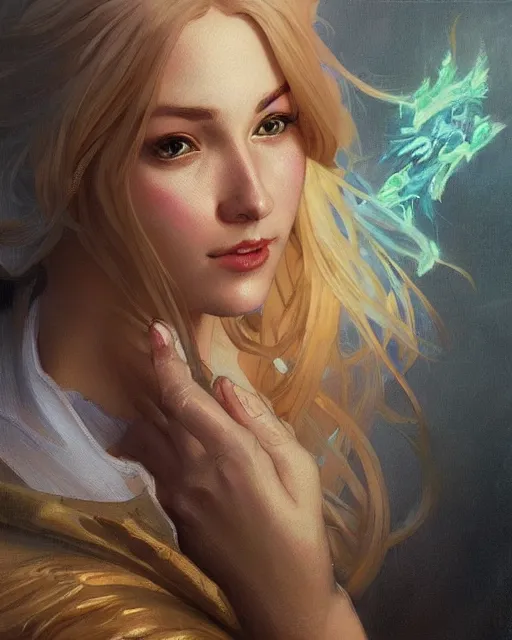 Image similar to '' Portrait of Beautiful blonde Slavic woman in her early 30’s, league of legends, LOL, fantasy, d&d, digital painting, artstation, concept art, sharp focus, illustration, art by greg rutkowski and alphonse mucha ''