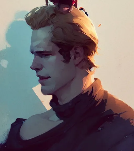 Image similar to portrait of cullen with a beautiful woman he loves by atey ghailan, by greg rutkowski, by greg tocchini, by james gilleard, by joe fenton, by kaethe butcher, dynamic lighting, gradient light blue, brown, blonde cream and white color scheme, grunge aesthetic