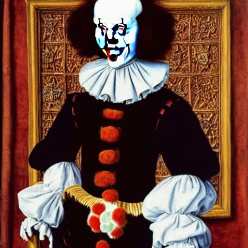 Image similar to a highly detailed portrait of pennywise the clown, wearing elegant tudor clothes, inside a room with thick red tapestries, oil painting by hans holbein and alessandro allori