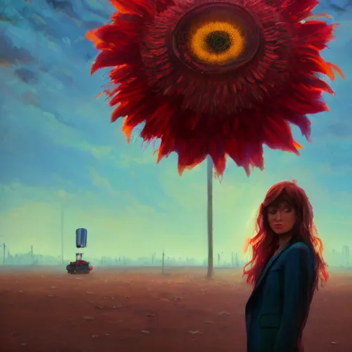 Image similar to giant daisy flower head, frontal, girl in a suit standing on street, surreal photography, sunrise, dramatic light, impressionist painting, digital painting, artstation, simon stalenhag