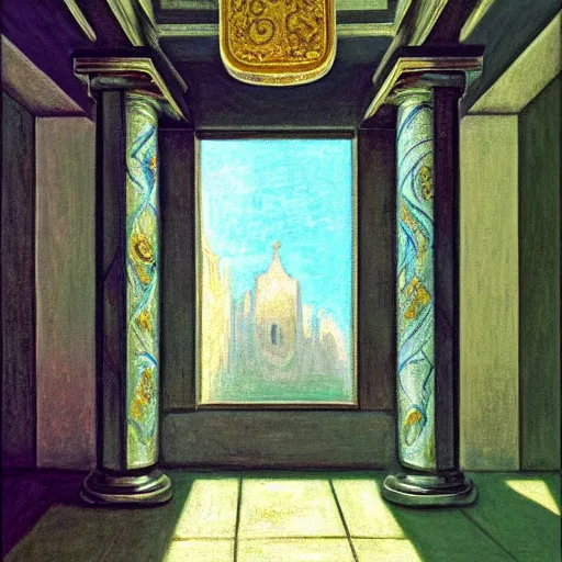 Image similar to still life painting of a room with a balcony and a marbled pedestal displaying an ancient holy artifact, centered in frame and shaped like signet ring, chromed and ornate with gentle iridescent shine from within. perspective from the side. realistic light and shadows. moody fantasy art, still life renaissance pastel painting. by monet