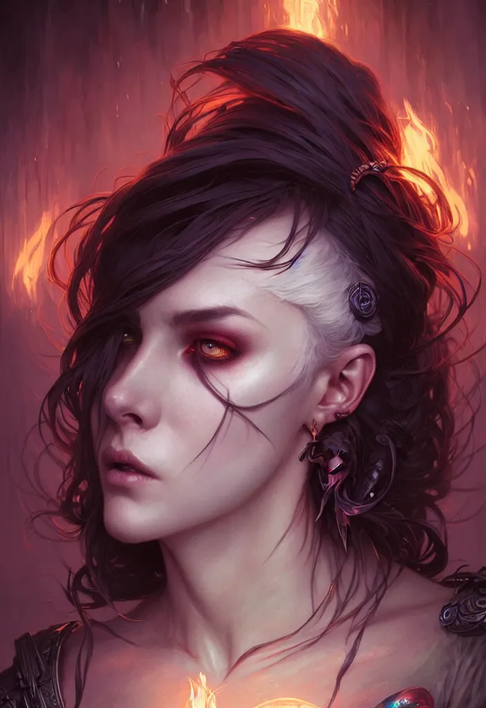 Image similar to Necromancer Sorceress face in center, fantasy magic, undercut hairstyle, dark light night, intricate, elegant, sharp focus, illustration, highly detailed, digital painting, concept art, matte, art by WLOP and Artgerm and Greg Rutkowski and Alphonse Mucha, masterpiece