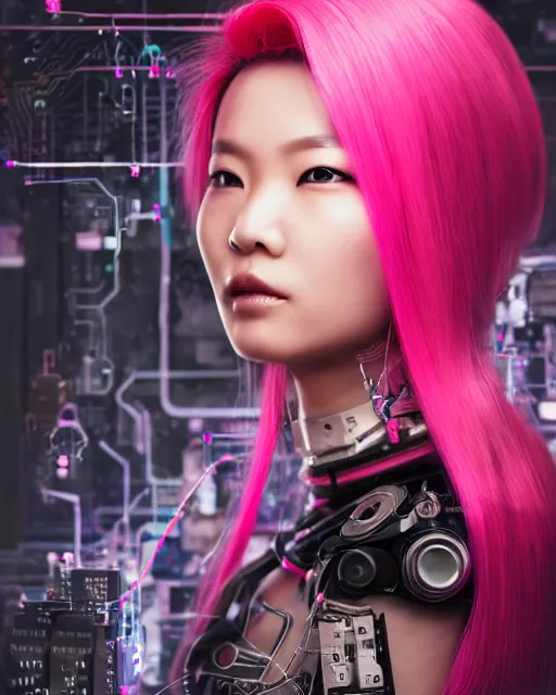 Image similar to portrait of a beautiful asian woman with pink hair as a cyberpunk cyborg half robot, revealing wires and electronics, sci - fi, missing panels, intricate abstract upper body intricate artwork, concept art, octane render, deviantart, cinematic, key art, hyperrealism, iridescent accents, portrait photograph, nikon 3 5 mm, photograph by greg rutkowski