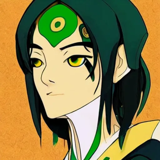 Prompt: toph beifong glow - up, art nouveau, green, yellow, gold, realistic eyes