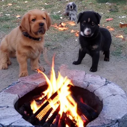 Image similar to puppies building a campfire