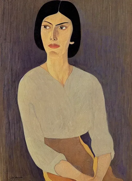 Image similar to a painted portrait of a confident women, art by felice casorati, aesthetically pleasing and harmonious natural colors, expressionism, natural light, fine day, portrait