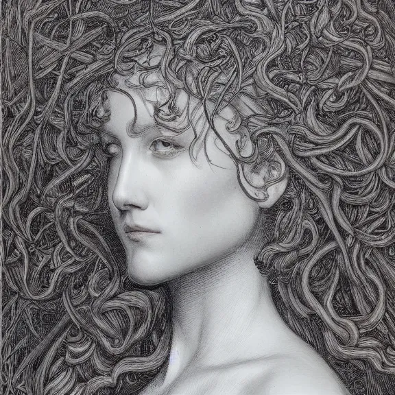 Prompt: a highly detailed portrait in the style of jean delville and in the style of james jean.