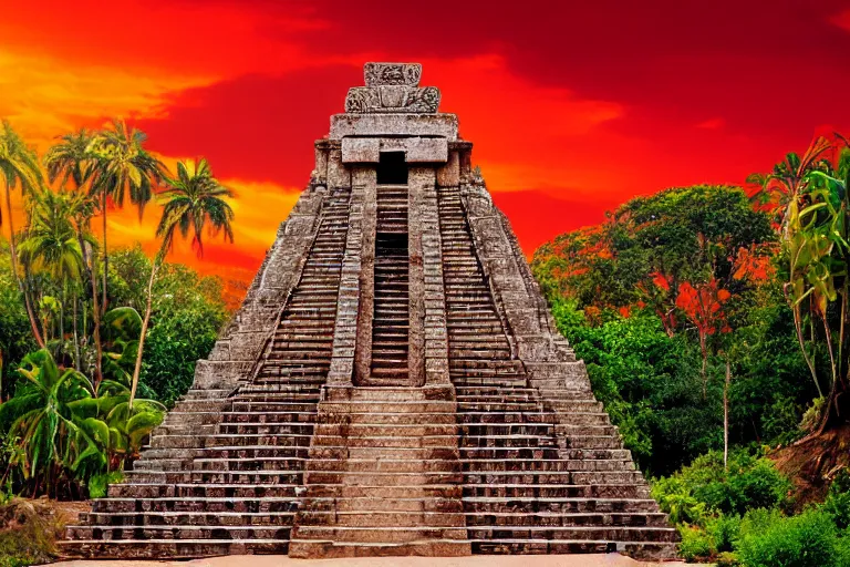 Image similar to ornate detailed aztec temple, flowing blood down steps, jungle setting, red sunset sky