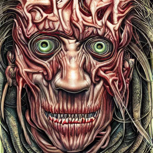 Prompt: biden became bloody ugly lovecraftian degenerate abomination, photo - realistic, color image, 2 k, highly detailed, bodyhorror, occult art, by giger, fractal structure