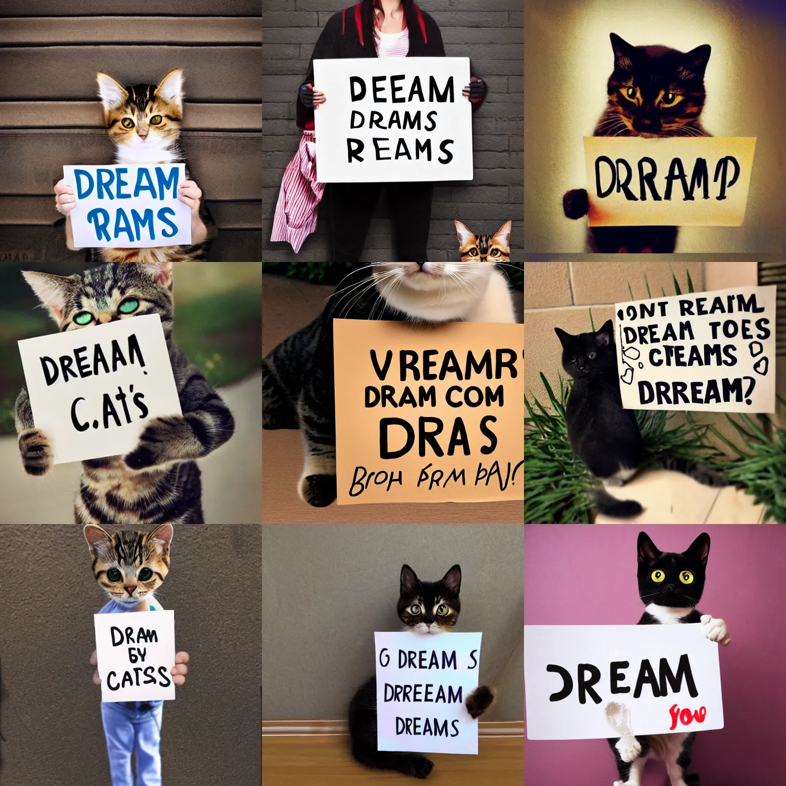 Image similar to realistic high quality photo of a cute cat holding a sign with text that reads : dream cats