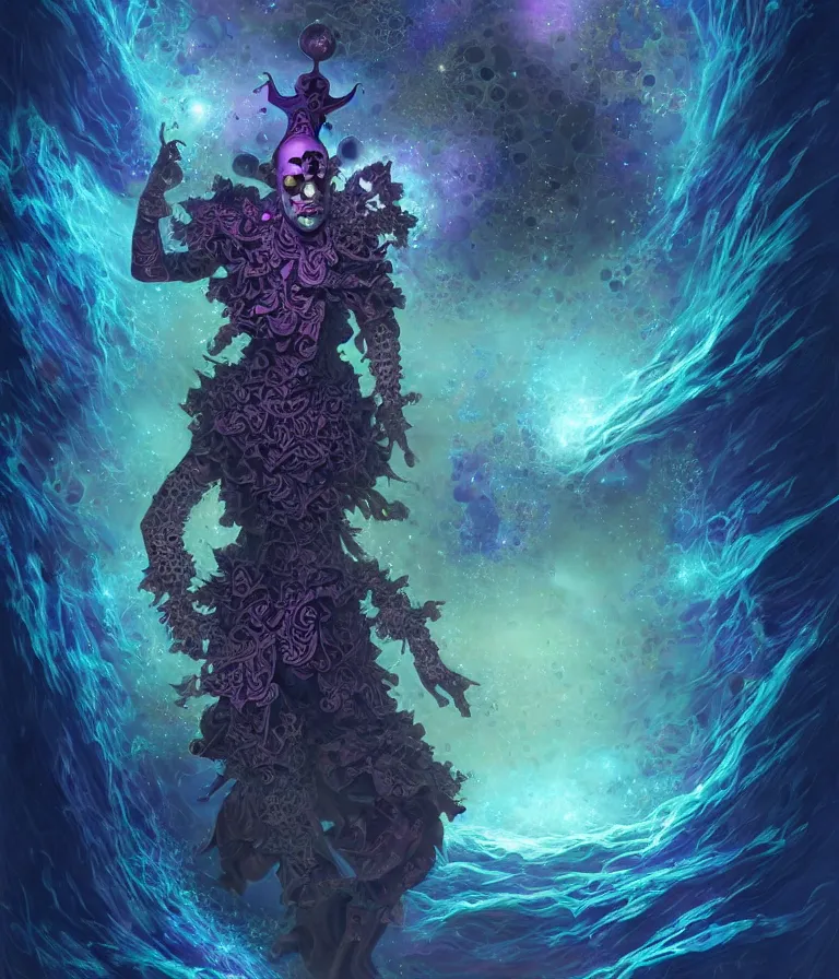 Image similar to front!!! shot of a court jester!!! character, mesmerizing fractal hypercubes, dark holography!!!, future, oil slick nebula, crystalline edges, (((intricate))), elegant, highly detailed, centered, (((artstation, concept art, smooth, sharp focus, artgerm, Tomasz Alen Kopera, Peter Mohrbacher, donato giancola, Joseph Christian Leyendecker, WLOP, Boris Vallejo))), ((raytracing)), mugshot!!!!!, ugly!!!!!!, octane render, nvidia raytracing demo, octane render, nvidia raytracing demo, octane render, nvidia raytracing demo, grainy, muted, 8K, digitalblasphemy, metatron