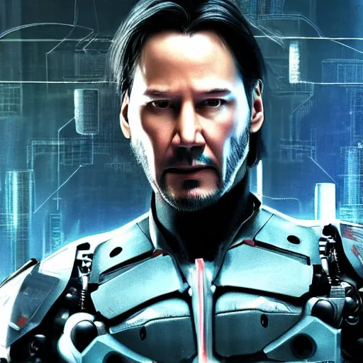 Image similar to keanu reeves cyborg highly detailed, 3d render, 8k, movie poster film called Hypercube , award winning