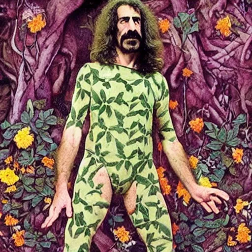 Prompt: Frank Zappa as a forest druid wearing a floral leotard frolicking in the hooded forest of verdant turmeric roots