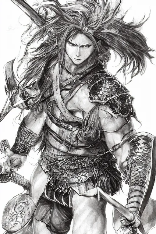 Image similar to A realistic anime portrait of a young handsome male barbarian with long wild hair, intricate fantasy spear, plated armor, D&D, dungeons and dragons, tabletop role playing game, rpg, jrpg, digital painting, by Ayami Kojima and Yusuke Murata and Kentaro Miura, concept art, highly detailed, promotional art, HD, digtial painting, trending on ArtStation, golden ratio, rule of thirds, SFW version