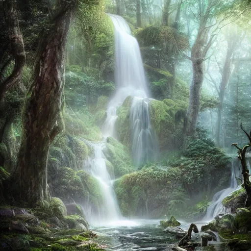 Prompt: Ethereal Troll forest with waterfall cascading at daylight by Greg Rutkowski and Thomas Kinkade, moonlight, enhanced lighting, hyperrealism, high detail, 8k, artstation
