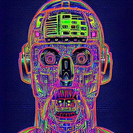 Image similar to black tshirt with a hyperdetailed portrait of a trippy diesel punk robot, 8 k, symetrical, flourescent colors, halluzinogenic, multicolored,