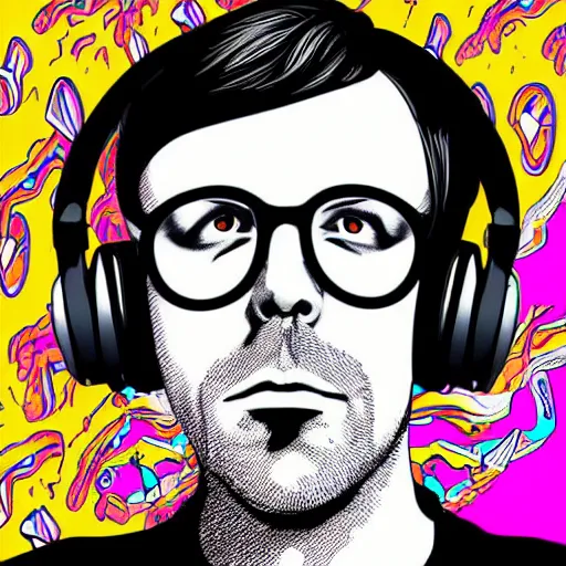 Prompt: artgerm, psychedelic ben folds, rocking out, headphones dj rave, digital artwork, r. crumb, svg vector