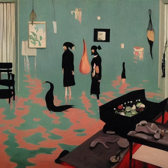 Image similar to tall female emo artists in their flooded apartment, painting of flood waters inside an artist's home, a river flooding indoors, pomegranates, pigs, ikebana, zen, water, octopus, river, rapids, waterfall, black swans, canoe, berries, acrylic on canvas, surrealist, by magritte and monet