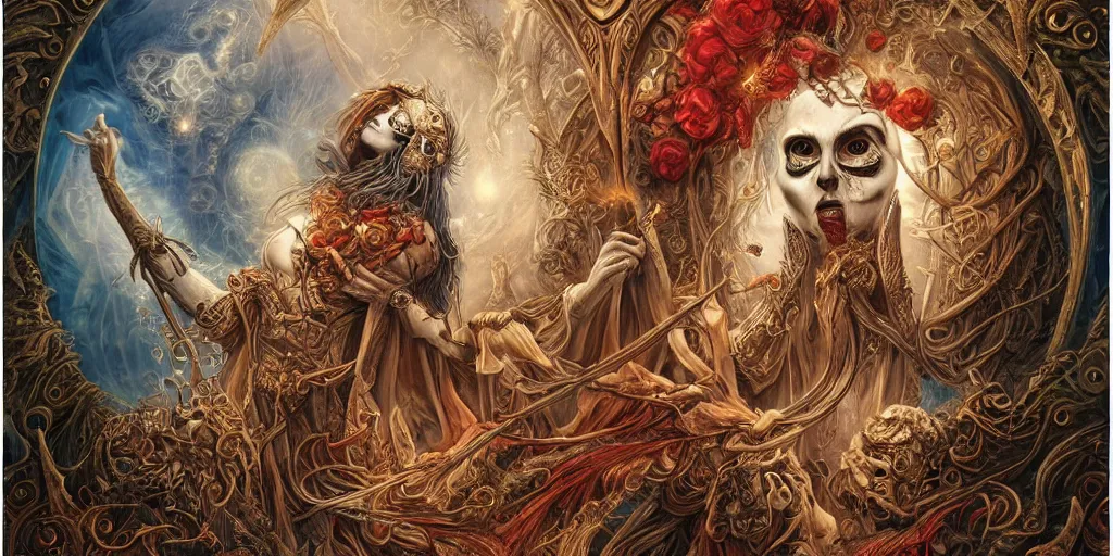 Image similar to A beautiful detailed orixa, tarot card, by tomasz alen kopera and Justin Gerard, symmetrical features, ominous, magical realism, texture, intricate, ornate, royally decorated, skull, skeleton, whirling smoke, embers, red adornements, red torn fabric, radiant colors, fantasy, trending on artstation, volumetric lighting, micro details, 3d sculpture, ray tracing, 8k, anaglyph effect