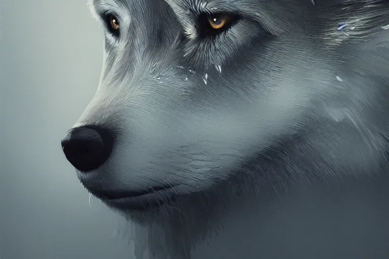 Image similar to woman living with wolves, highly detailed, photorealistic, reflections, smooth, sharp focus, concept art, illustration, beautiful, geometric, trending on artstation, cinematic, featured on behance , artwork by WLOP and Tran, Ross