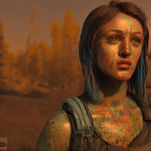 Image similar to A comic book style portrait painting of a female kender in a post apocalyptic setting, unreal 5, DAZ, hyperrealistic, octane render, dynamic lighting