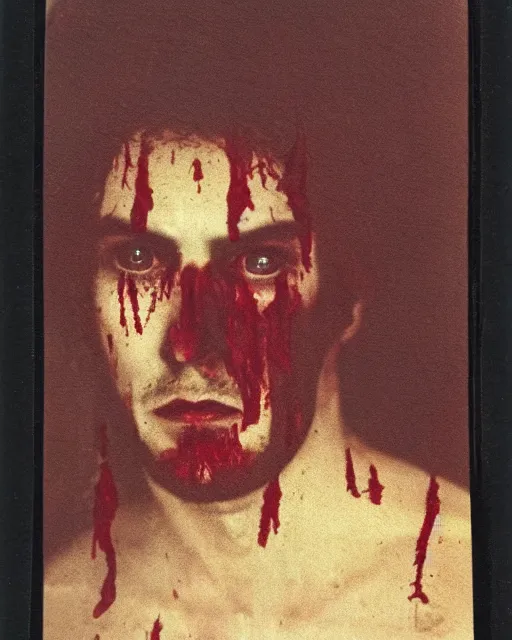 Image similar to an instant photo of a handsome but sinister ghost of a man in layers of fear, with violence in his eyes, 1 9 7 0 s, seventies, woodlands, delicate embellishments, a little blood, crimson, painterly, offset printing technique, by alexandre cabanel