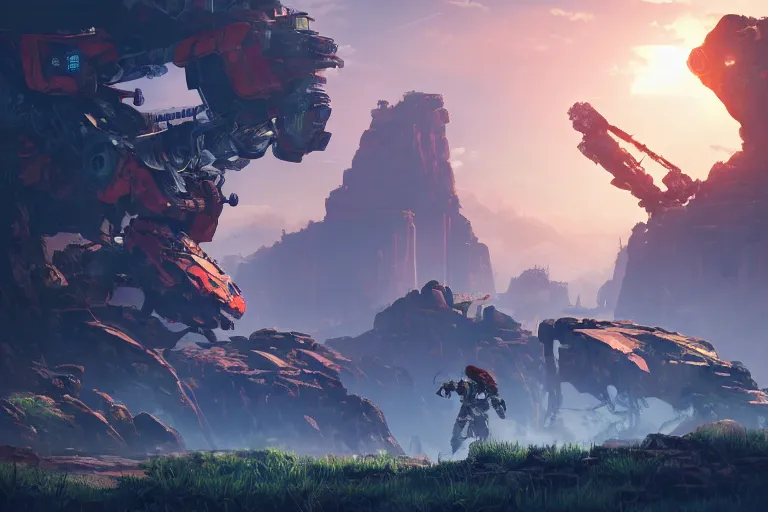 Image similar to rockbreaker machine mecanical creature robot of horizon forbidden west horizon zero dawn radiating a glowing aura global illumination ray tracing hdr fanart arstation by ian pesty and alena aenami artworks in 4 k