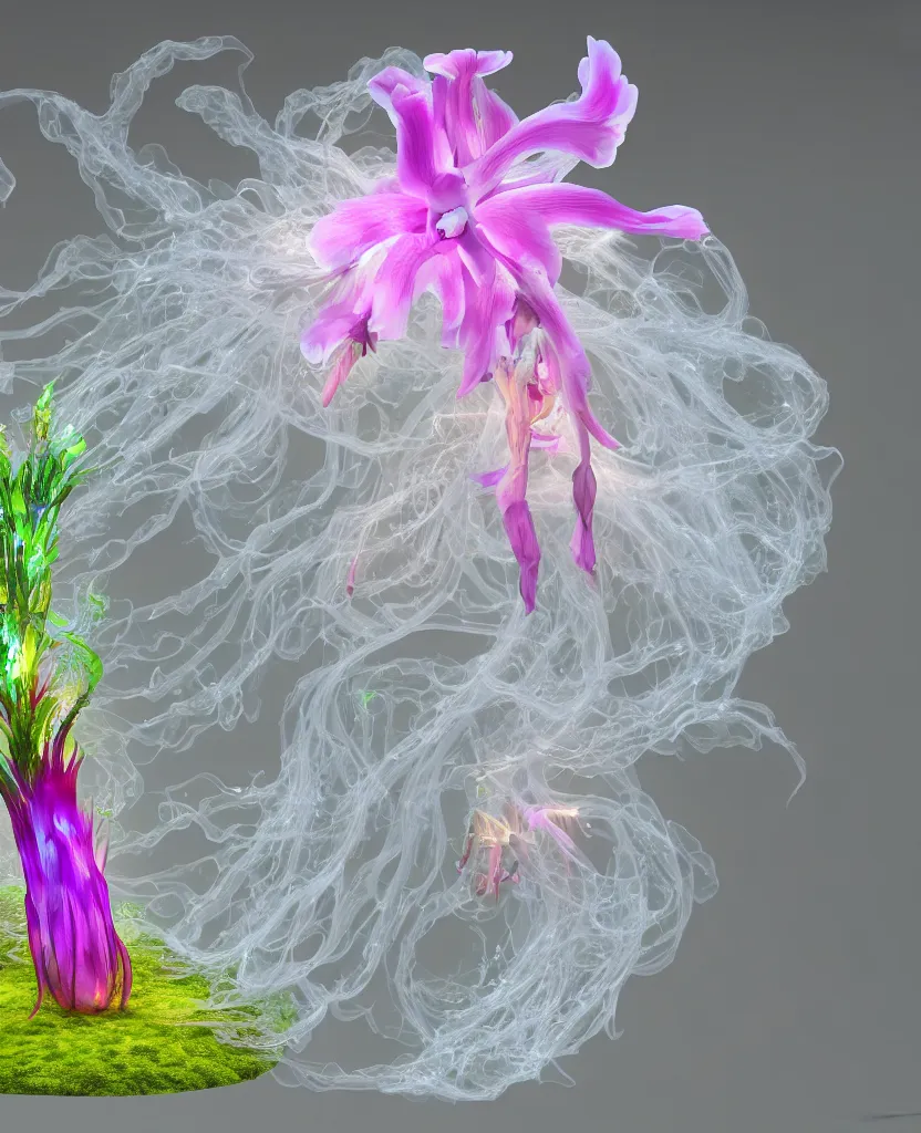 Prompt: 3 d giant orchid flower, giant gladiola and jellyfish face chakra phoenix bird in a giant mycelium fungus, translucent, bio luminescent, plasma, smoke and water energy flow. highly detailed. octane render, excellent composition