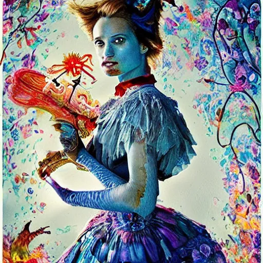 Image similar to alicia vikander in alice in wonderland tripping on lsd, intricate detail, painting, royo, frazetta, whealan,