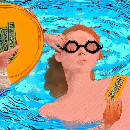 Image similar to swimming in future money, digital art