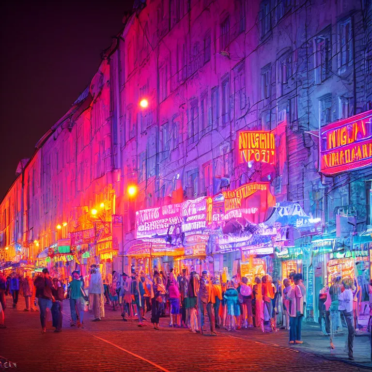Image similar to nizhny Novgorod nights party in neon lights, high details, hyper realism, 35mm, photo, 8k