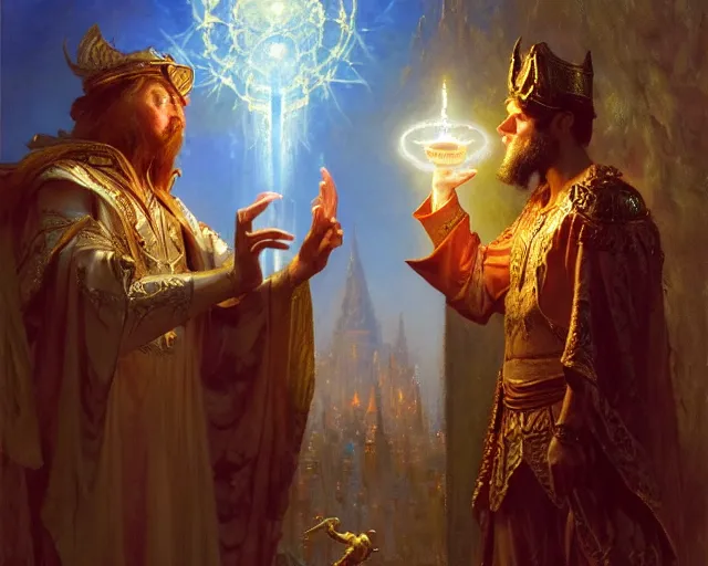 Image similar to ornate wizard man, casting light magic, summoning a noble deity. highly detailed painting by gaston bussiere, craig mullins, j. c. leyendecker 8 k