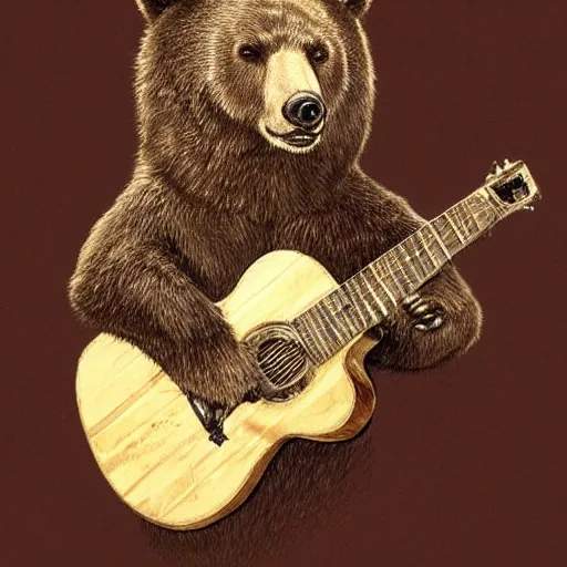 Image similar to realistic bear holding a wooden triangle combined with guitar neck, realistic portrait, symmetrical, highly detailed, digital painting, artstation, concept art, smooth, sharp focus, illustration, cinematic lighting, art by artgerm and greg rutkowski and alphonse mucha