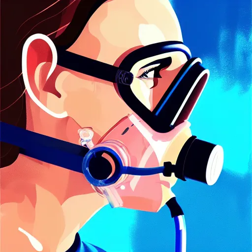 Prompt: a profile photo of a diver with oxygen mask, side profile in underwater, highly detailed, digital painting, artstation, concept art, smooth, sharp focus, illustration by Sandra Chevrier