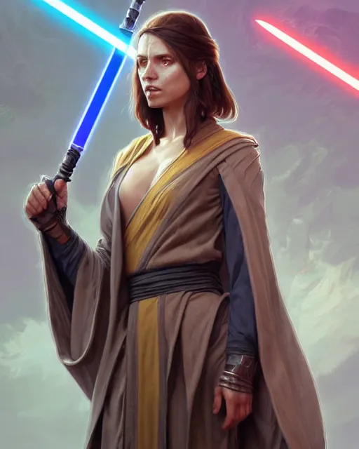 Image similar to a robed high republic jedi knight, fantasy character portrait, ultra realistic, intricate, elegant, highly detailed, digital painting, artstaion, smooth, sharp, focus, illustration, art by artgerm and greg rutkowski and alphonse mucha