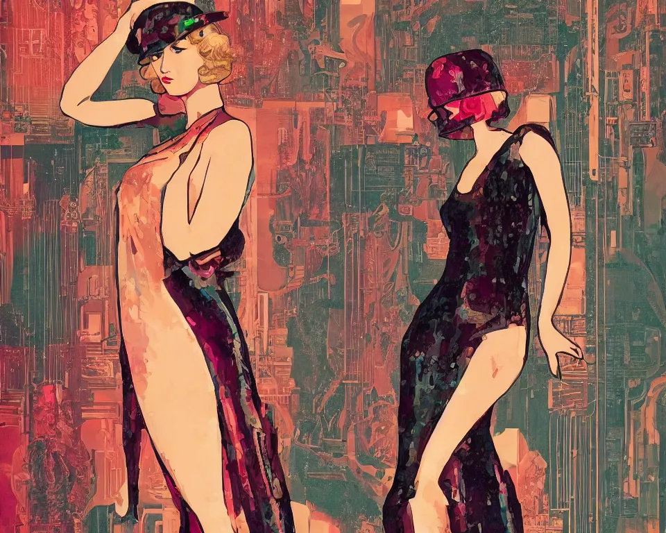 Prompt: photo of a beautiful flapper girl, 1920's style speakeasy, high ceiling, large cocktail bar, blade runner, full of people, 1920's vintage bar posters, cyber punk, in the style of DOFRESH, artstation, feminine figure, gorgeous, pretty face, full length beautiful body, colourful, 1920's cyberpunk,