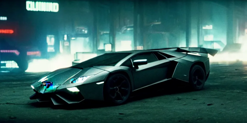 Image similar to A cinematic film still of a Lamborghini in the movie Blade Runner: 2049.