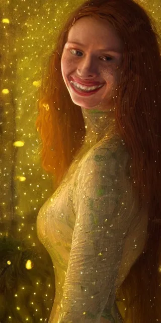 Image similar to a totally amazed smiling fit woman surrounded by golden firefly lights in a mesmerizing scene, sitting amidst nature fully covered! intricate detailed dress, long loose red hair, precise linework, accurate green eyes, small nose with freckles, beautiful smooth oval head, expressive emotions, hyper realistic ultrafine portrait by artemisia gentileschi, jessica rossier, boris vallejo