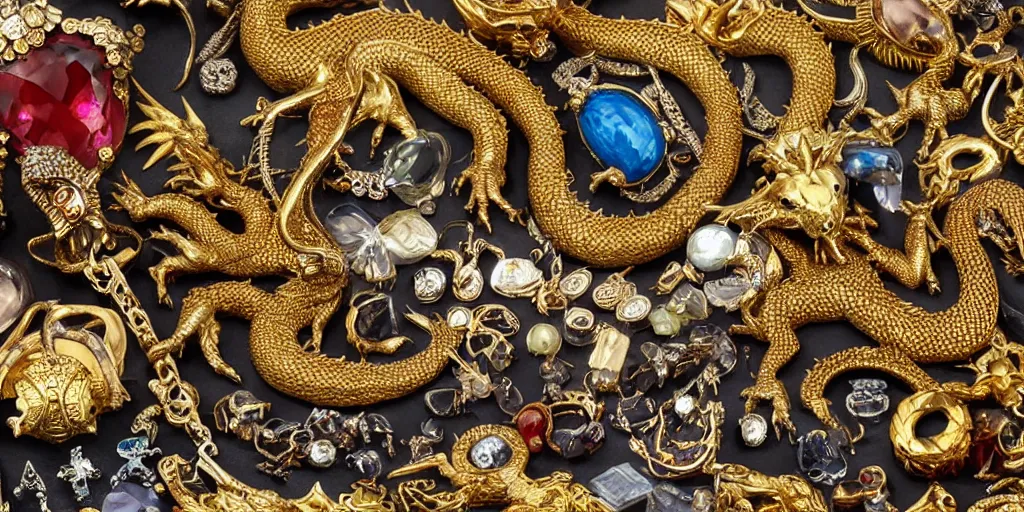 Prompt: pile of gold, jewels, and antiquities with a large dragon fantasy art