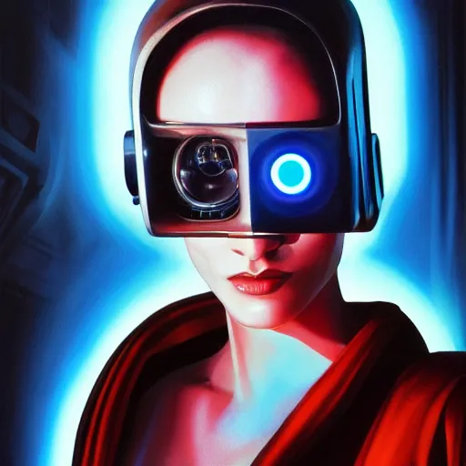Prompt: hyperrealism oil painting portrait of cyberpunk cyborg fashion model with glowing eye