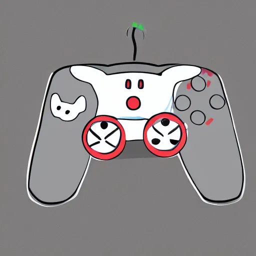 Prompt: Digital drawing of a controller with a cartoon face and a birthday hat, white backgound