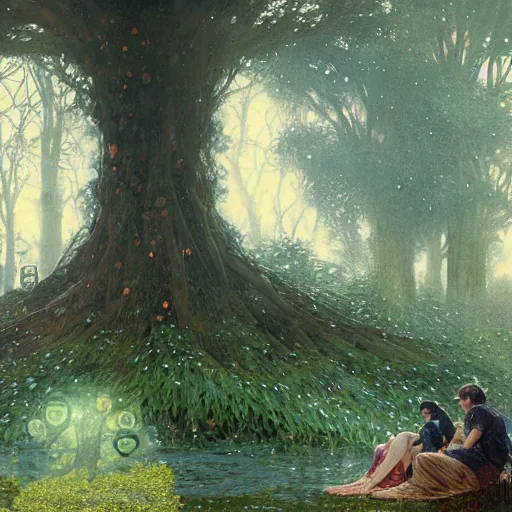 Prompt: explorers resting beneath a massive tree during rainstorm, hyper detailed, digital illustration, illustration, trending in artstation, cinematic lighting, studio quality, sharp focus, intricate, elegant, art style by alphonse mucha, klimt and nixeu, wlop, krenz cushart, greg rutkowski