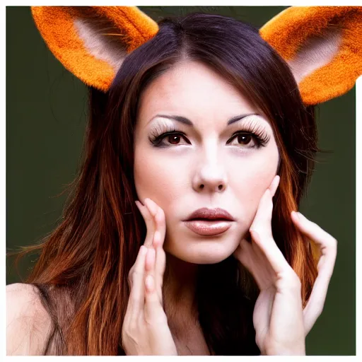 Image similar to woman with fox ears and fox facial features, close - up, headshot, detailed, symmetric